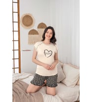 Kadın Düğmesiz Bisiklet Yaka Yazlık Kısa Kollu Mini Şortlu Pijama Takımı (Krem)