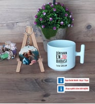Babalar Günü Hediyesi Kupa Bardak Beyaz ve Fotoğraflı Ahşap Anahtarlık Hediye (Model 12)