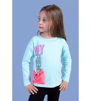 Toontoy Kız Çocuk Cep Detaylı Baskılı Tişört (Su Yeşili)