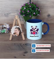 Sevimli Panda Kupa Bardak Beyaz ve Fotoğraflı Ahşap Anahtarlık Hediye (Model 3)