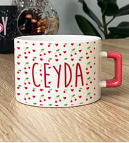 Kişiye Özel İsim Yazılı Hediye Lüks Fincan Kiraz Desenli Meyveli (Pembe)
