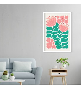 Tekli Ahşap Lamine Çerçeveli Mdf Tablo Pembe Çizgisel Çiçekler (Beyaz)