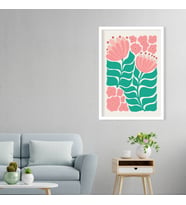 Tekli Ahşap Lamine Çerçeveli Mdf Tablo Pembe Çizgisel Çiçekler (Beyaz)