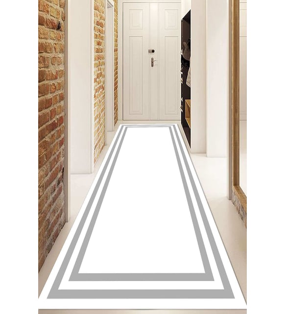 Dijital Baskılı Kaymaz Taban Yıkanabilir Modern Yolluk Ve Koridor Halısı NDU-HT-527 (Beyaz-Gri)