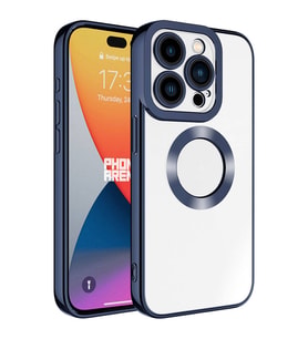 Apple iPhone 15 Pro Max Kılıf Logo Yeri Açık Kamera Lens Korumalı Renkli Kenarlı Şeffaf Silikon (Lacivert)