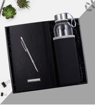 Kişiye Özel Gümüş Renk Detaylı Tükenmez Kalem & Siyah Defter & Siyah Özel Kılıflı 500Ml Su Matarası Hediye Seti (Model 9)