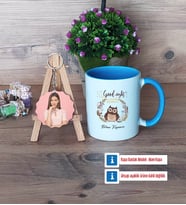 Baykuş Kupa Bardak Beyaz ve Fotoğraflı Ahşap Anahtarlık Hediye (Model 4)
