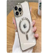 iPhone 13 Pro Max Kılıf Magsafe Köşeleri Renkli Lüx Şeffaf Kamera Lens Korumalı (Gümüş)