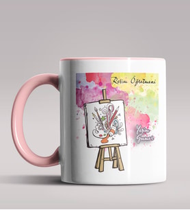 Kişiye Özel Resim Öğretmeni Tasarımlı Siyah Renk Kupa Bardak 2 (Pembe)