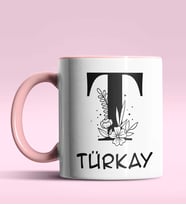 Kişiye Özel T Harfi Romantik Tasarım Siyah Renk Kupa (Pembe)