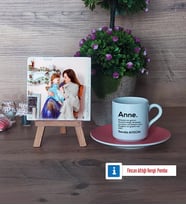 Anneye Hediye Fotoğraflı Dekoratif Taş, Ahşap Altlıklı Türk Kahvesi Fincanı Hediye (Model 6)