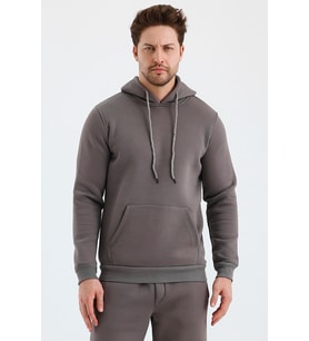 Monox Erkek Kapşonlu 3 İplik Sweatshirt (Füme)