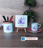 Developer Hediye Seti Dekoratif Taş, Kalemlik, Ahşap Altlıklı Türk Kahvesi Fincanı Hediye (Model 6)