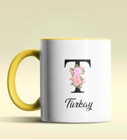 Kişiye Özel T Harfi Temalı Çiçekli Tasarım Siyah Renk Kupa (Sarı)