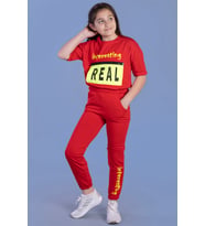 Toontoy Kız Çocuk Crop Model Cep Detaylı Baskılı Eşofman Takımı (Kırmızı)