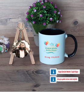 Doğum Günü Hediyesi Kupa Bardak Beyaz ve Fotoğraflı Ahşap Anahtarlık Hediye (Model 11)