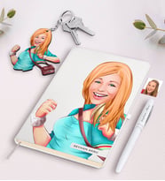 BK Gift Kişiye Özel Kadın Karikatürlü Siyah Defter Kalem Ve Anahtarlık Hediye Seti-52 (Model 2)