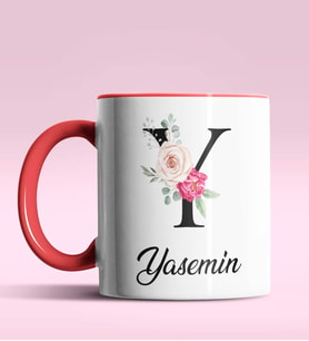 Kişiye Özel Y Harfi Temalı Gül Tasarım Siyah Renk Kupa (Kırmızı)