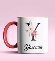 Kişiye Özel Y Harfi Temalı Gül Tasarım Siyah Renk Kupa (Kırmızı)