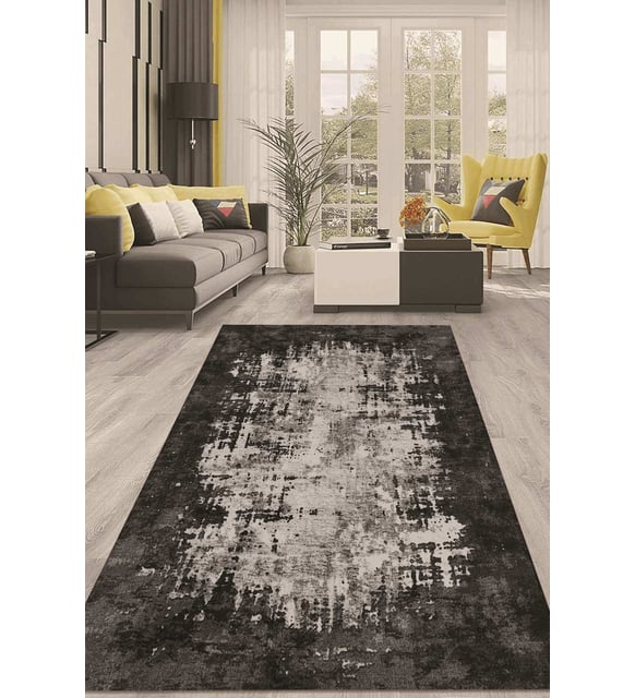 Dijital Kaymaz Taban Yıkanabilir Modern Renkli Salon Halısı Mutfak Halısı Yolluk ND-HT-497 (Siyah)