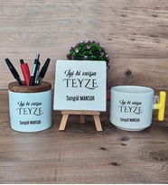 İyi Ki Varsın Teyze Hediye Sepeti Kupa Bardak T Kulplu, Kalemlik ve Dekoratif Taş Teyzeye Doğum Günü Hediyesi (Model 5)