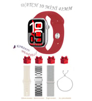 Samsung Galaxy M23 Uyumlu Açık Mavi Akıllı Saat Watch 10 Mini Kordon Hediyeli AMOLED EKRAN 41MM (Kırmızı-Gümüş)