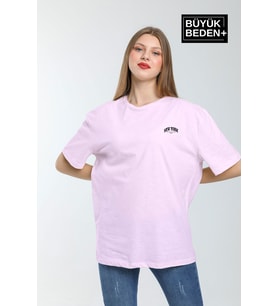 Kadın Büyük Beden New York Baskılı Bisiklet Yaka Tshırt SPR25BTSK14 (Pink)