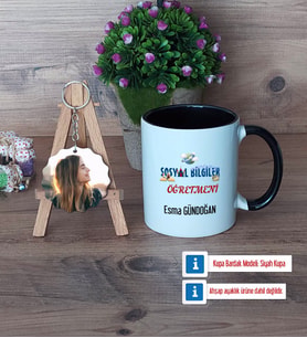 Sosyal Bilgiler Öğretmeni Kupa Bardak Beyaz ve Fotoğraflı Ahşap Anahtarlık Hediye Öğretmenler Günü Hediyesi (Model 11)