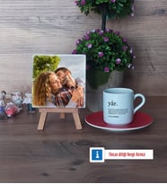 Sevgiliye Hediye Fotoğraflı Dekoratif Taş, Ahşap Altlıklı Türk Kahvesi Fincanı Hediye (Model 3)
