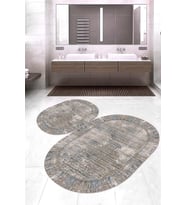 Dijital Baskılı Kaymaz Taban Yıkanabilir Oval 2'li Klozet Takımı Banyo Paspası NOKZ-HT-353 (Bej)