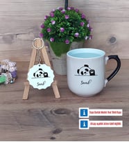 Sevimli Panda Kupa Bardak Kırmızı ve Ahşap Anahtarlık Hediye (Model 9)
