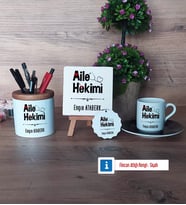 Aile Hekimi Hediye Seti Dekoratif Taş, Kalemlik, Ahşap Altlıklı Türk Kahvesi Fincanı, Ahşap Anahtarlık Hediye (Model 7)