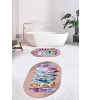 EVDEYA Dijital Yıkanabilir Renkli Etnik Yaprak Desen İkili Banyo Halısı Oval Klozet Takımı, OKLOZET-25-GRİ, (Kahverengi)
