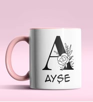 Kişiye Özel A Harfi Romantik Tasarım Siyah Renk Kupa (Pembe)