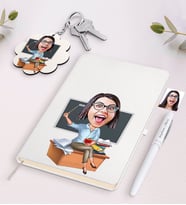 BK Gift Kişiye Özel Bayan Öğretmen Karikatürlü Siyah Defter Kalem Ve Anahtarlık Hediye Seti-2 (Model 2)