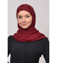 Nervür Boncuklu Pileli Pratik Şifon Tesettür Şal (Koyu Bordo)
