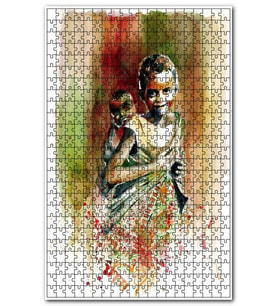 Cakapuzzle Afrikalı Kız Sırtında Kardeş Suluboya Efekt Puzzle Yapboz MDF(Ahşap) (1000 Parça)