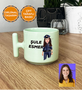 Kişiye Özel Karikatürlü Polis Hediye Pastel T Kupa Kadın Polise Polisler Günü Hediyesi (Yeşil)