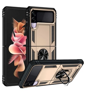 Samsung Galaxy Z Flip 3 Uyumlu Kılıf Standlı Manyetik Yüzüklü Military Magnetic Ring Polycarbonate and TPU Case (Gold)