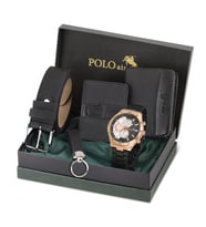 Polo Air Erkek Kol Saati Kemer Cüzdan Kartlık Anahtarlık Kombin Set PL-0789E (Siyah-Bakır)