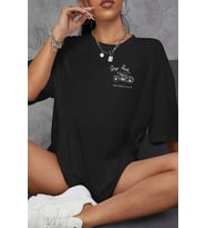 Motor Temalı Baskılı Unisex Oversize Pamuklu Tişört (Siyah)
