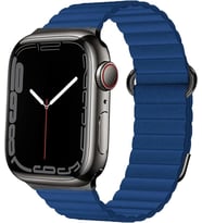Uyumlu Model Apple Watch 7 8 41mm Kordon Mıknatıslı Magnetik Deri Kordon (Lacivert)