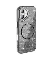 iPhone 16 Plus Kılıf Magsafe Şarj Özellikli Parlayan Simli Okso Kapak (Siyah)