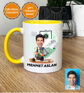 Kişiye Özel Karikatürlü Muhasebeci Hediye Kupa Bardak Erkek Muhasebeciye Hediye (Sarı)