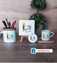 Mühendisler Günü Hediyesi Hediye Seti Dekoratif Taş, Kalemlik, Ahşap Altlıklı Türk Kahvesi Fincanı, Ahşap Anahtarlık Hediye (Model 1)