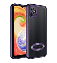 Samsung Galaxy A04 Kılıf Logo Yeri Açık Kamera Lens Korumalı Renkli Kenarlı Şeffaf Silikon (Mor)