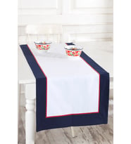 Buldan Keteni Bordürlü Kırmızı Biyeli 50x130 cm Runner (Beyaz - Lacivert)
