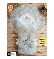 Mint Triko Örgü Bebek Kundağı - Pamuklu & Dantelli Yenidoğan Bebek Battaniyesi (Vizon)