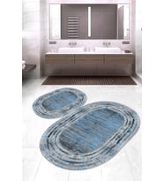 Dijital Baskılı Kaymaz Taban Yıkanabilir Oval 2'li Klozet Takımı Banyo Paspası NOKZ-HY-1266 (Mavi)