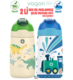 Vagonlife 2'Lİ SET 350 ML Çocuk Pipetli Çelik Matara Paslanmaz Çelik Termos 5 Farklı Renk 2055-350ML (Yeşil-Mavı)